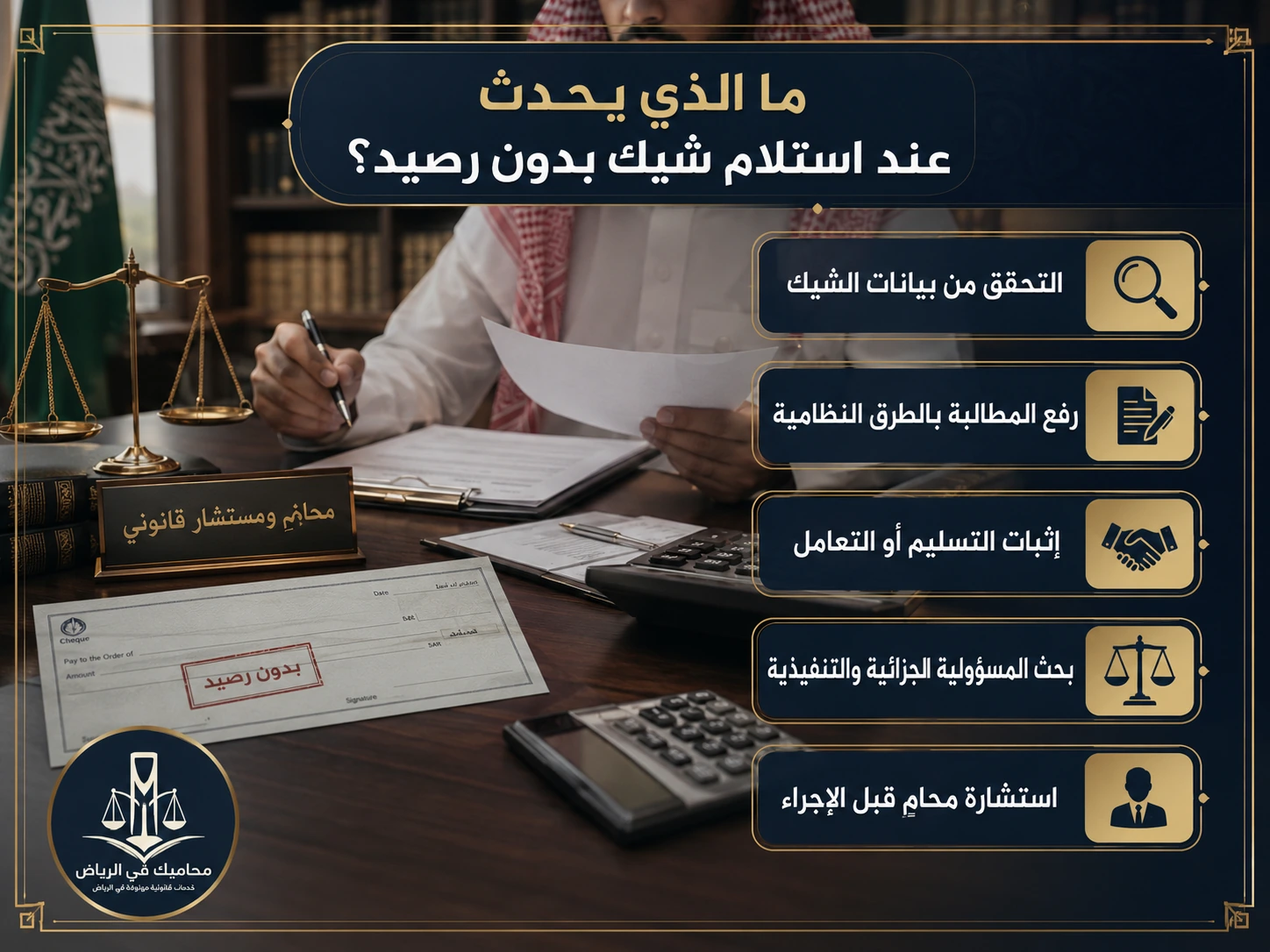 إنفوجرافكس يوضح ما الذي يحدث عند استلام شيك بدون رصيد