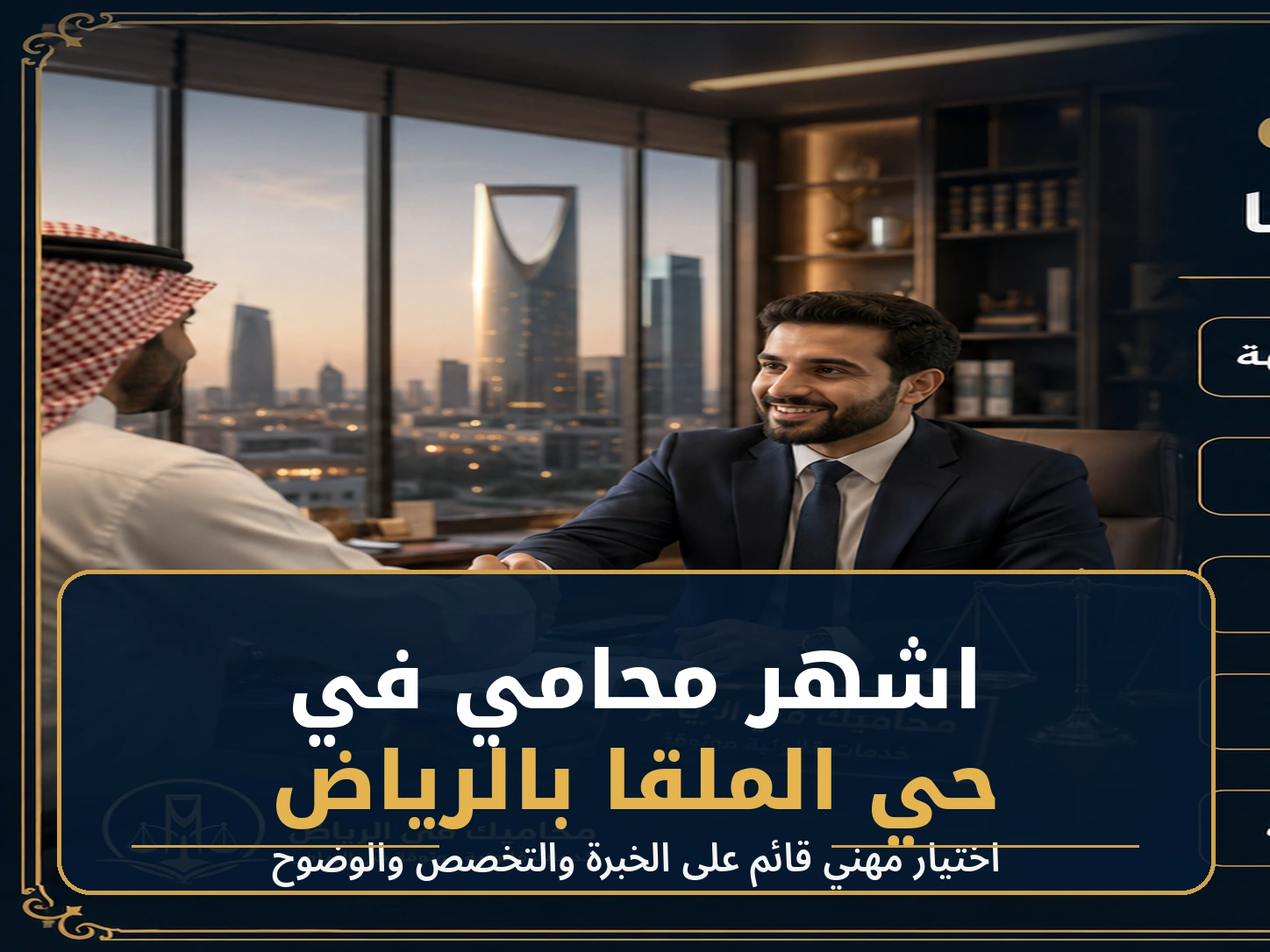 غلاف اشهر محامي في حي الملقا بالرياض في مكتب قانوني واقعي