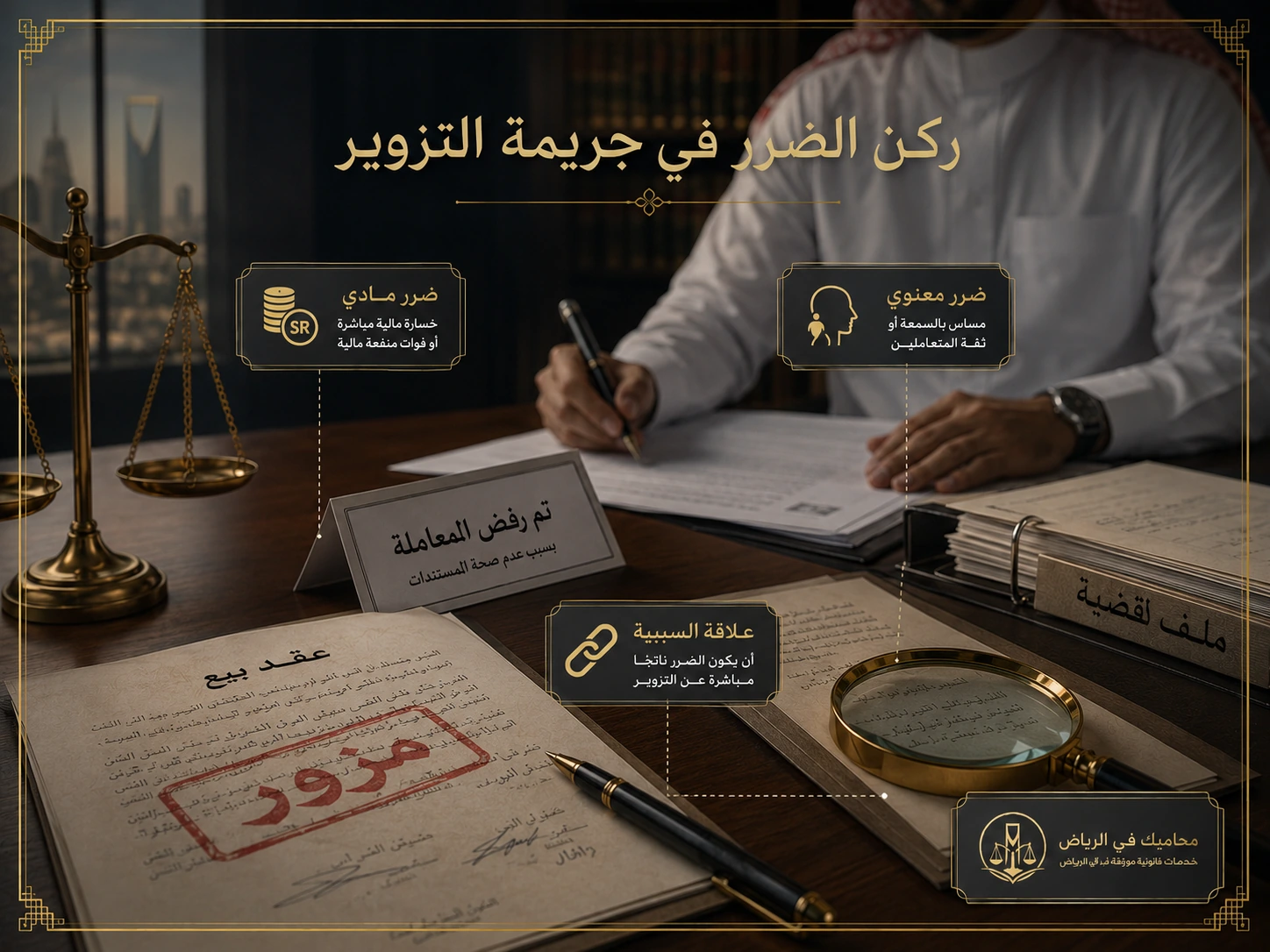 محامٍ يراجع ملف تزوير أمام مستندات قضية جنائية في الرياض