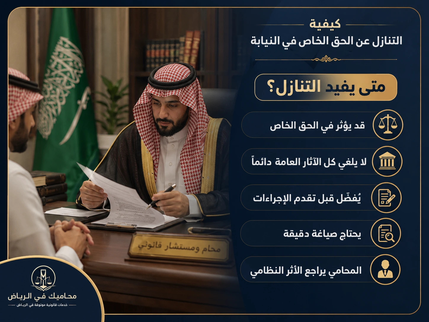 غلاف مقال يوضح كيفية التنازل عن الحق الخاص في النيابة في السعودية