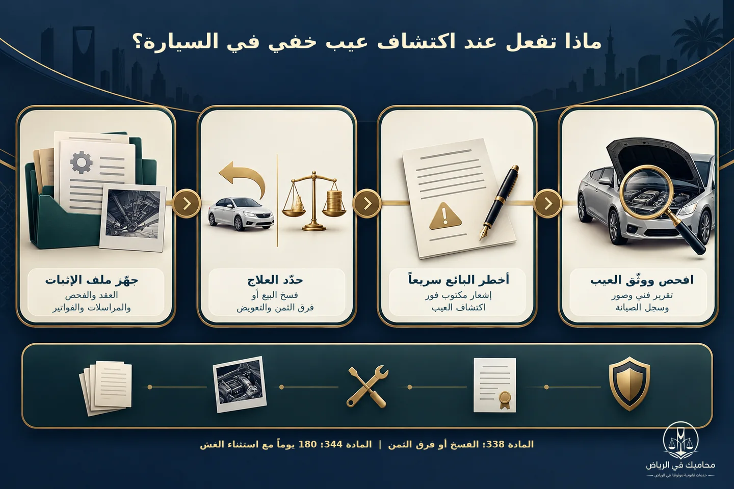 خطوات التعامل مع العيب الخفي في السيارة إنفوجرافيك توثيق العيب الخفي في السيارة وإشعار البائع واختيار الفسخ أو فرق الثمن