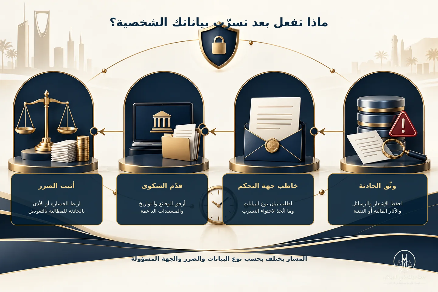 إنفوجرافيك توثيق تسرّب البيانات والشكوى وإثبات الضرر للمطالبة بالتعويض